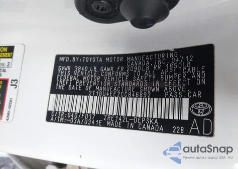 2012 Toyota Corolla S from USA, damaged, VIN 2T1BU4EE2CC846892